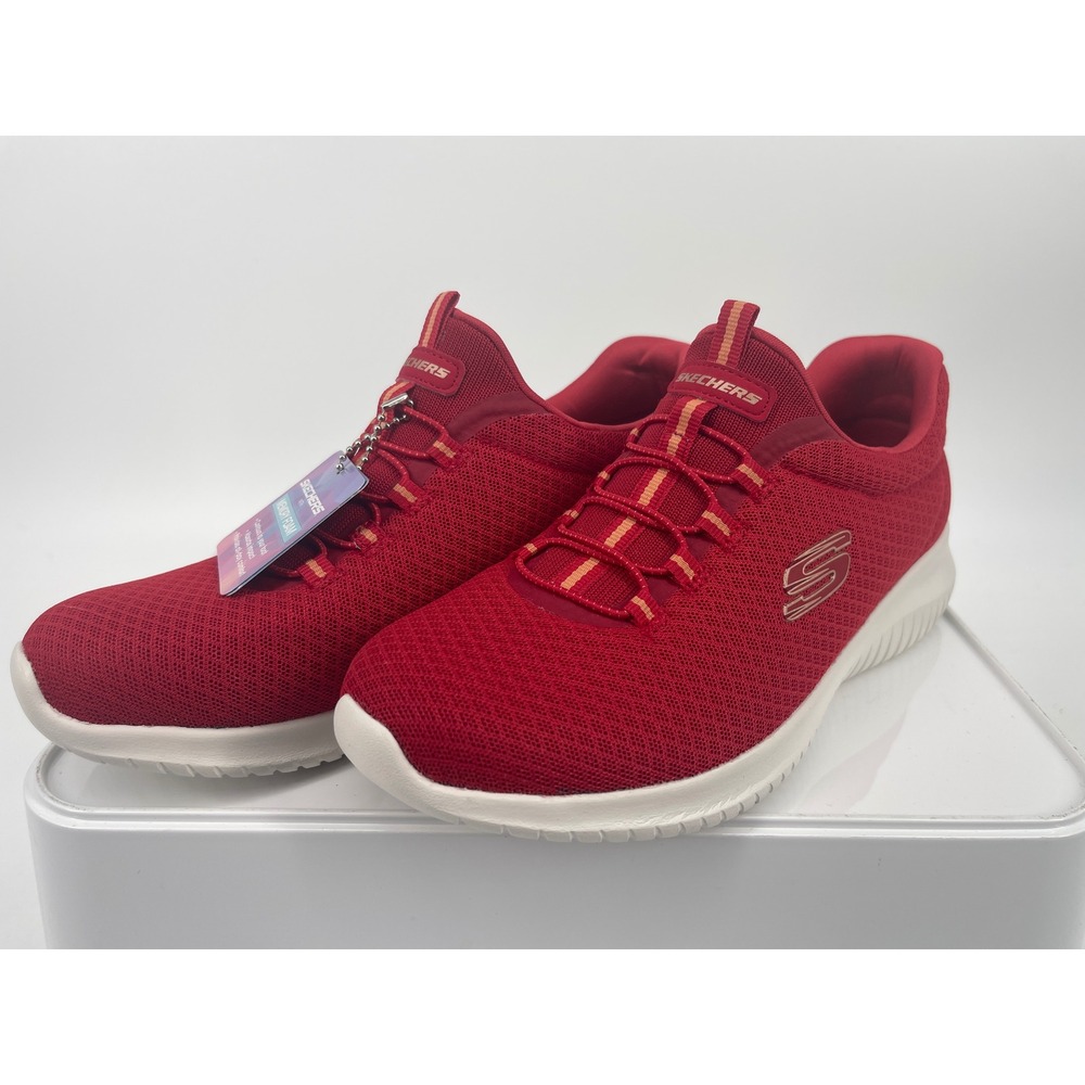 Skechers Ultra Flex Red Mesh Walking Shoes Womens 8 Memory Foam Bungee Slip On